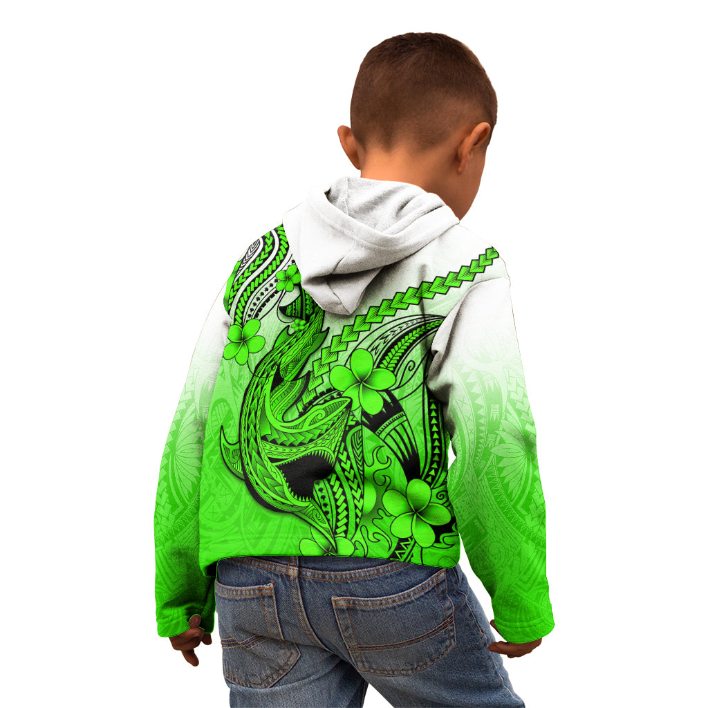Hawaii Kid Hoodie Polynesian Shark Tattoo With Plumeria Green Gradient - Wonder Print Shop