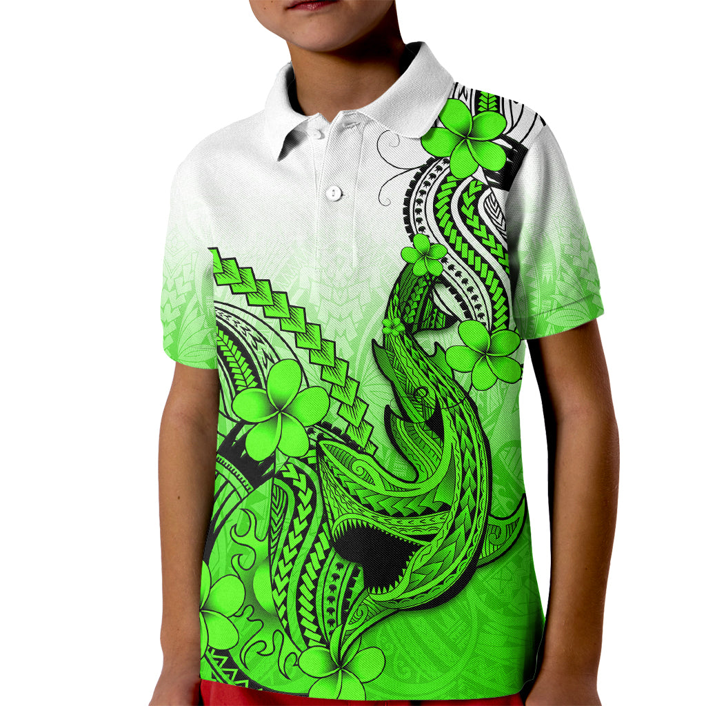 Hawaii Kid Polo Shirt Polynesian Shark Tattoo With Plumeria Green Gradient - Wonder Print Shop