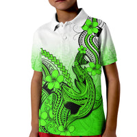 Hawaii Kid Polo Shirt Polynesian Shark Tattoo With Plumeria Green Gradient - Wonder Print Shop