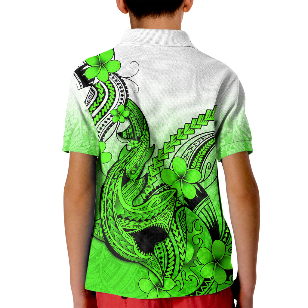 Hawaii Kid Polo Shirt Polynesian Shark Tattoo With Plumeria Green Gradient - Wonder Print Shop