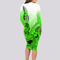 Hawaii Long Sleeve Bodycon Dress Polynesian Shark Tattoo With Plumeria Green Gradient - Wonder Print Shop