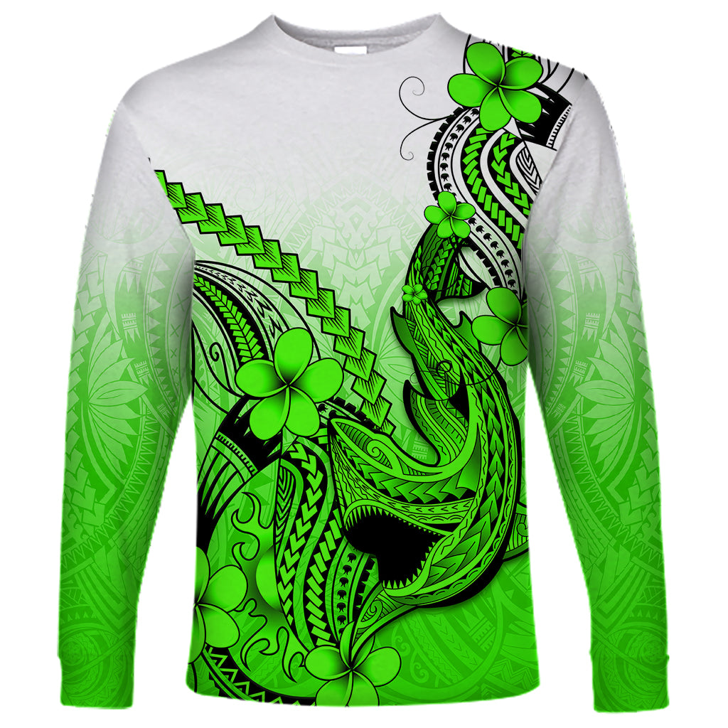 Hawaii Long Sleeve Shirt Polynesian Shark Tattoo With Plumeria Green Gradient - Wonder Print Shop