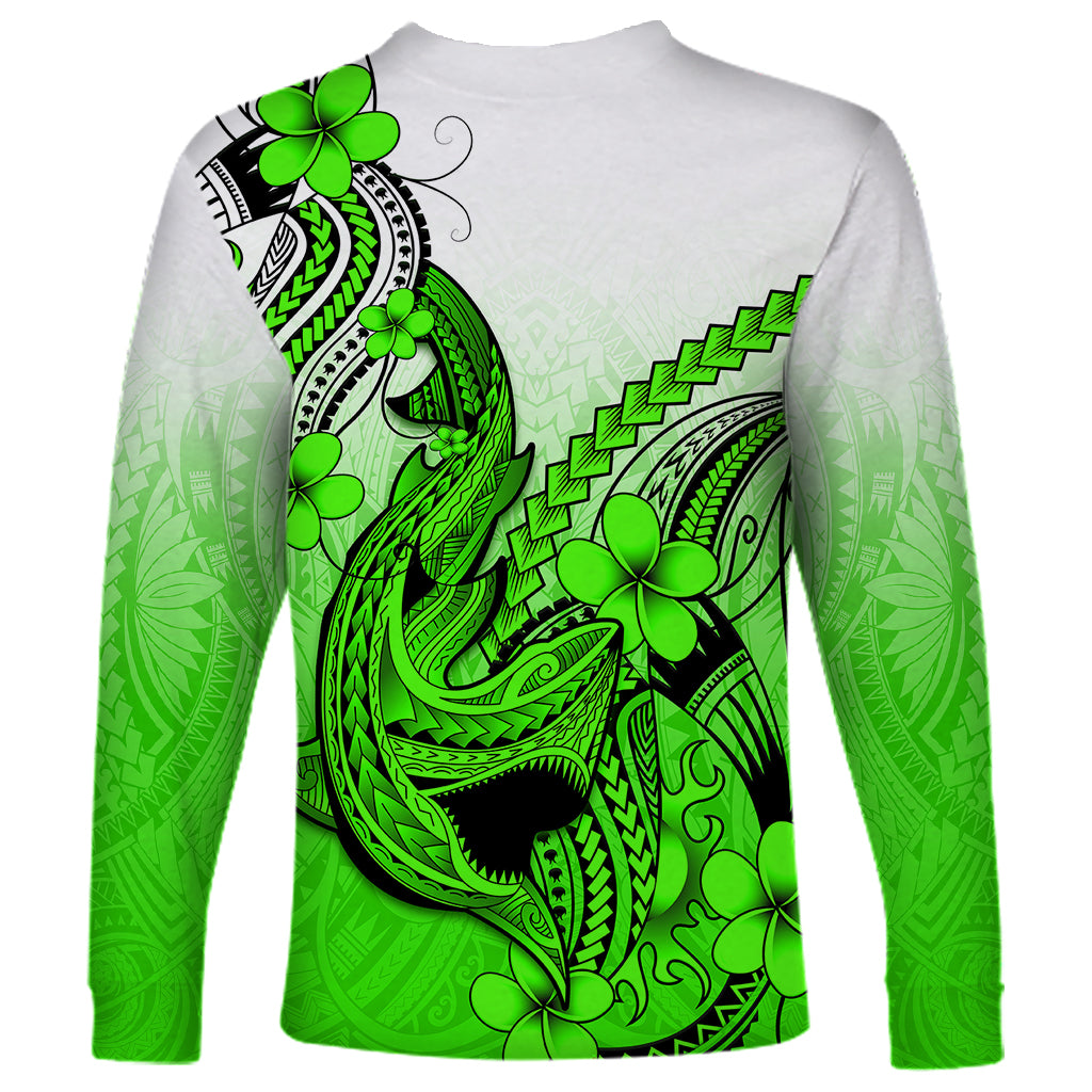 Hawaii Long Sleeve Shirt Polynesian Shark Tattoo With Plumeria Green Gradient - Wonder Print Shop