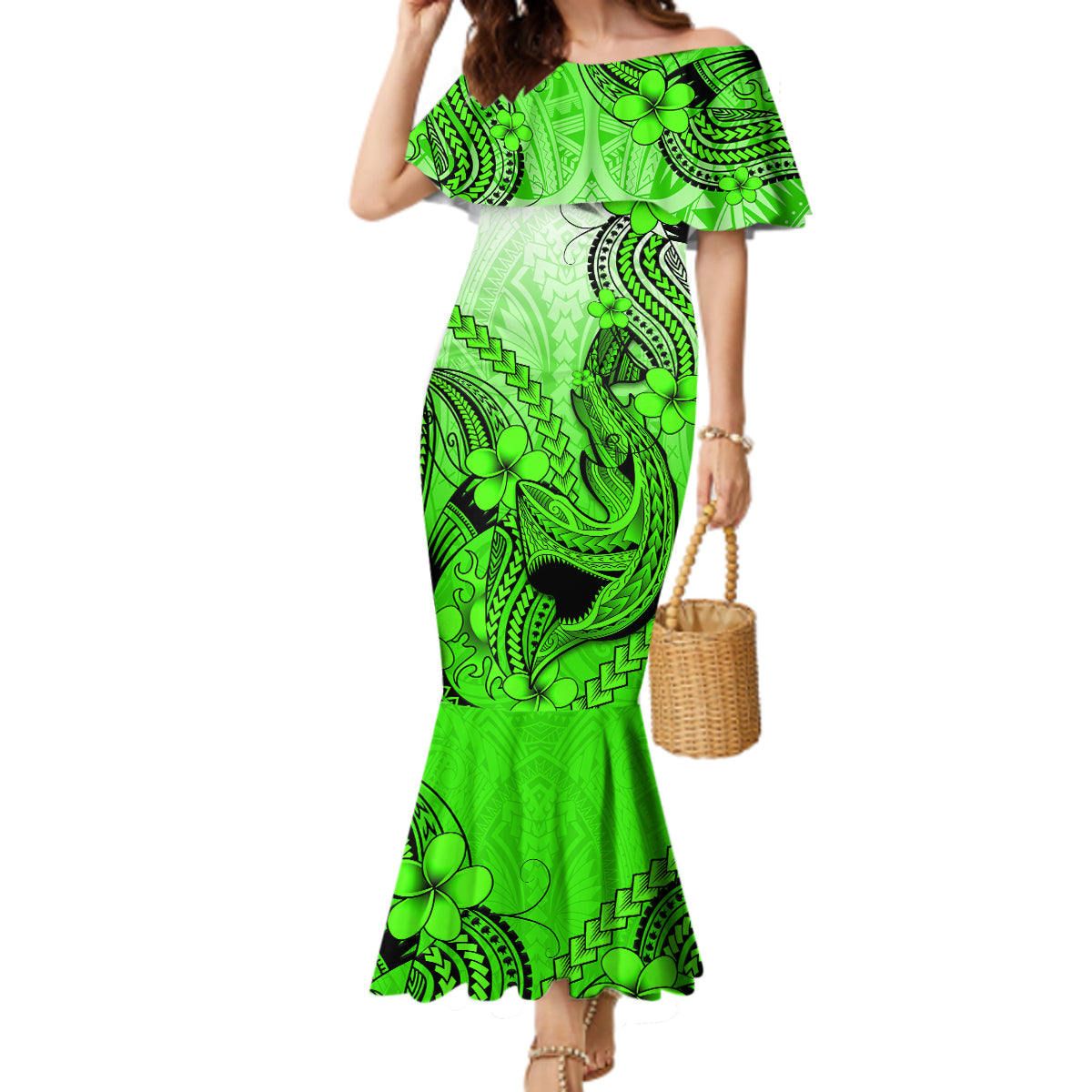 Hawaii Mermaid Dress Polynesian Shark Tattoo With Plumeria Green Gradient - Wonder Print Shop