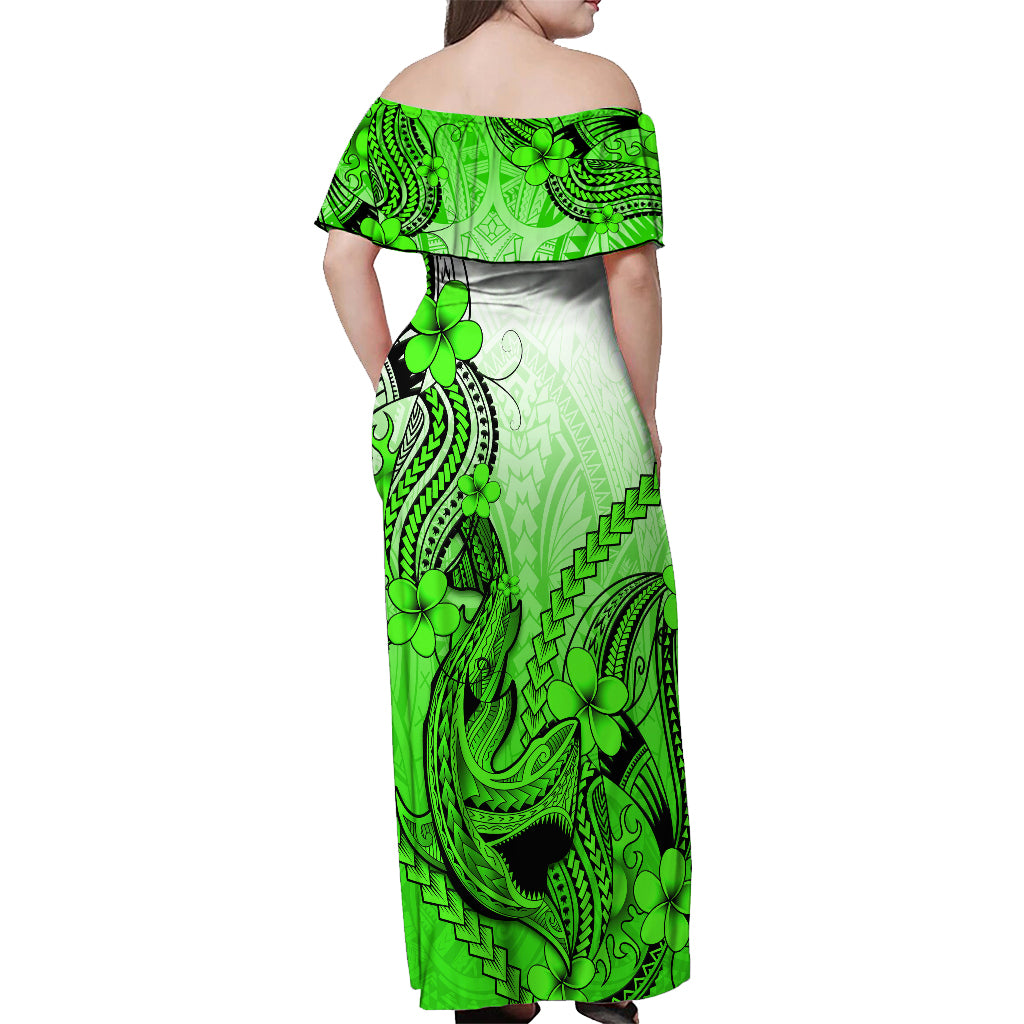 Hawaii Off Shoulder Maxi Dress Polynesian Shark Tattoo With Plumeria Green Gradient - Wonder Print Shop