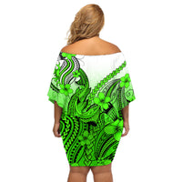 Hawaii Off Shoulder Short Dress Polynesian Shark Tattoo With Plumeria Green Gradient - Wonder Print Shop