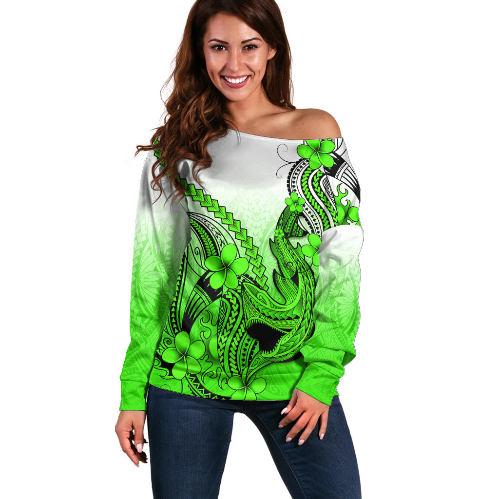 Hawaii Off Shoulder Sweater Polynesian Shark Tattoo With Plumeria Green Gradient - Wonder Print Shop