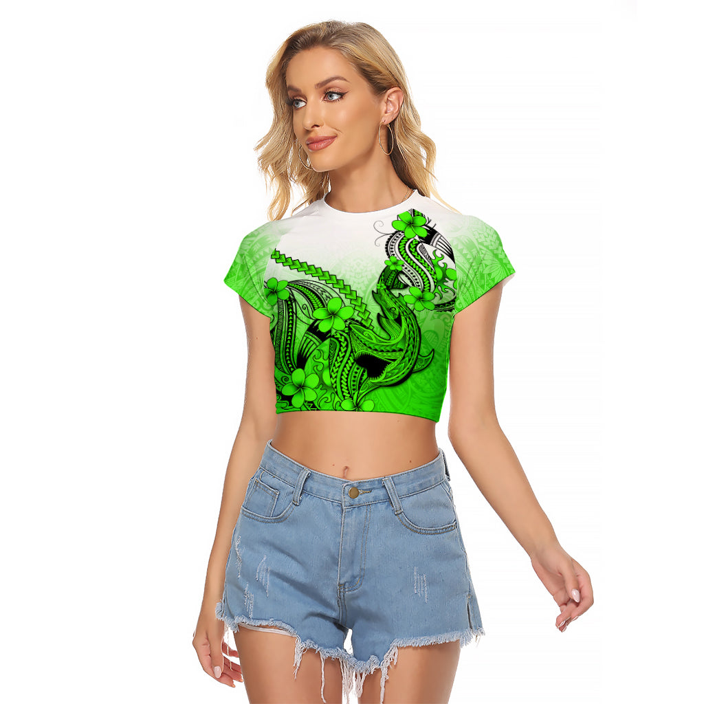 Hawaii Raglan Cropped T Shirt Polynesian Shark Tattoo With Plumeria Green Gradient - Wonder Print Shop