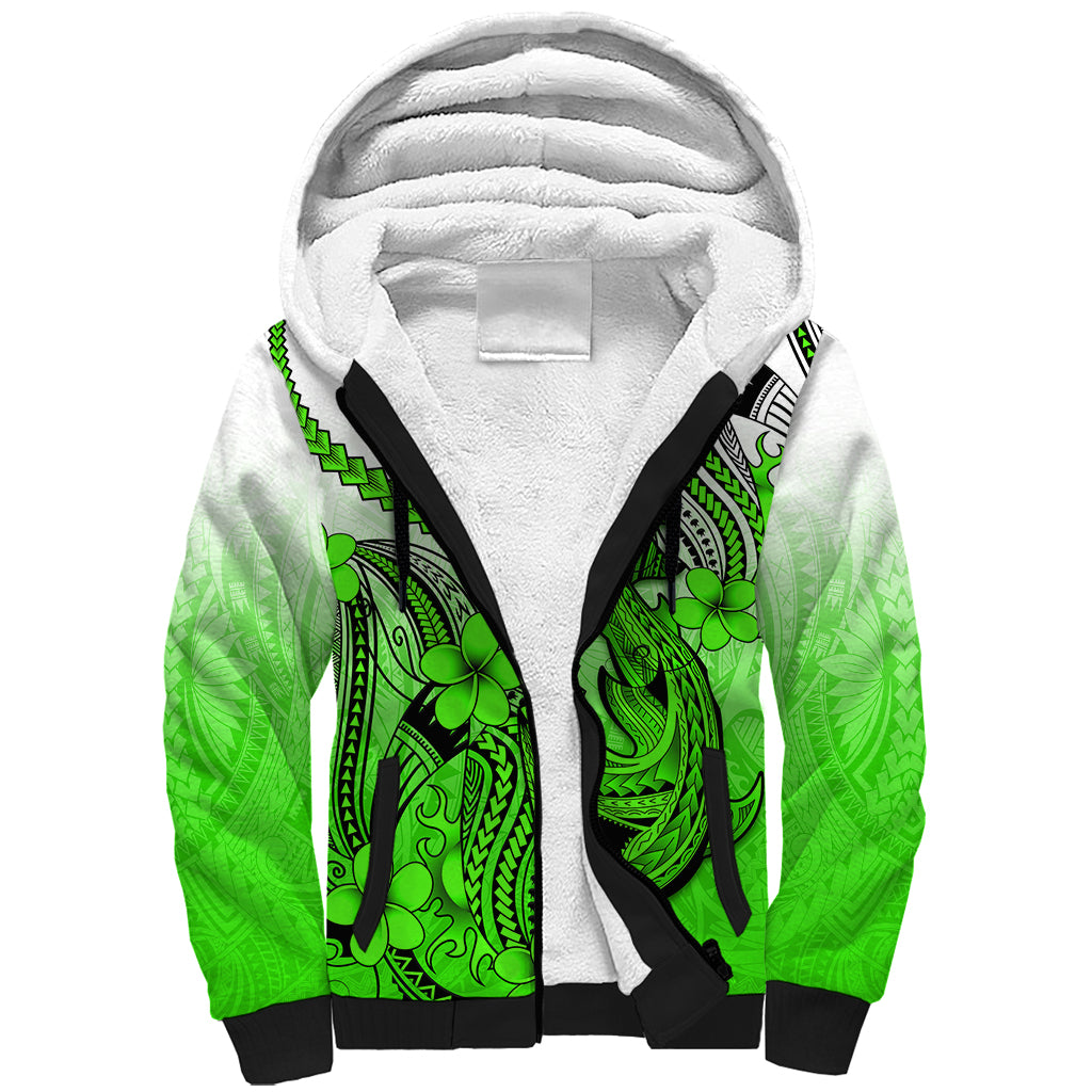Hawaii Sherpa Hoodie Polynesian Shark Tattoo With Plumeria Green Gradient - Wonder Print Shop