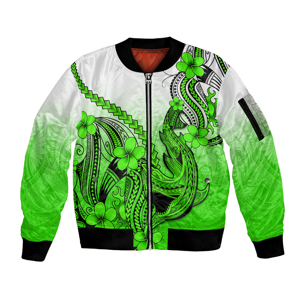 Hawaii Sleeve Zip Bomber Jacket Polynesian Shark Tattoo With Plumeria Green Gradient - Wonder Print Shop