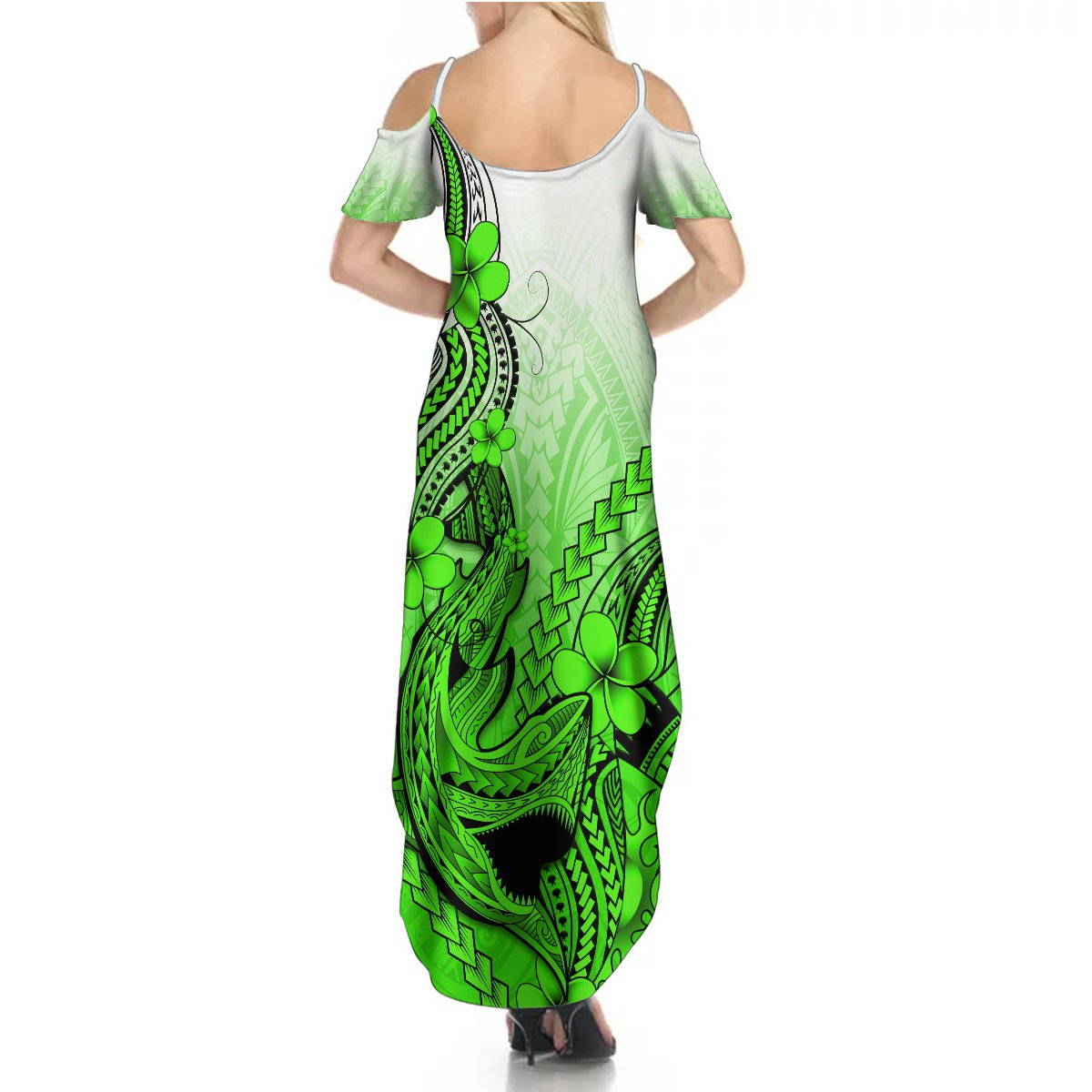 Hawaii Summer Maxi Dress Polynesian Shark Tattoo With Plumeria Green Gradient - Wonder Print Shop