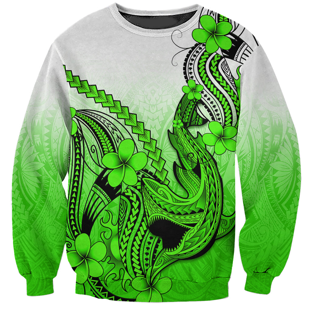 Hawaii Sweatshirt Polynesian Shark Tattoo With Plumeria Green Gradient - Wonder Print Shop