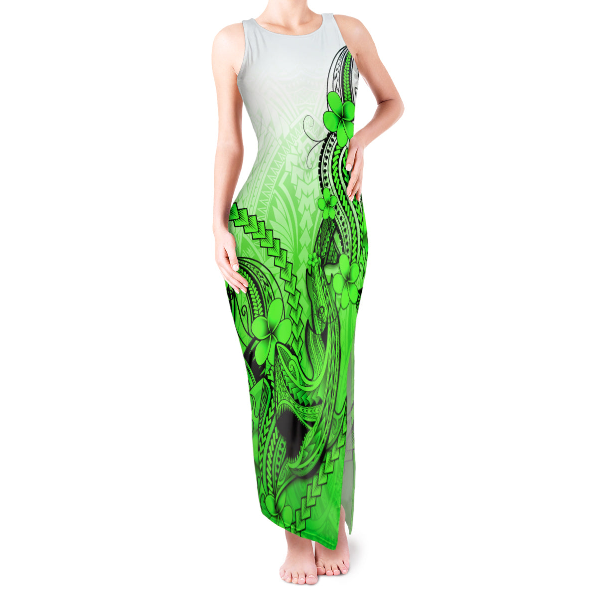 Hawaii Tank Maxi Dress Polynesian Shark Tattoo With Plumeria Green Gradient - Wonder Print Shop