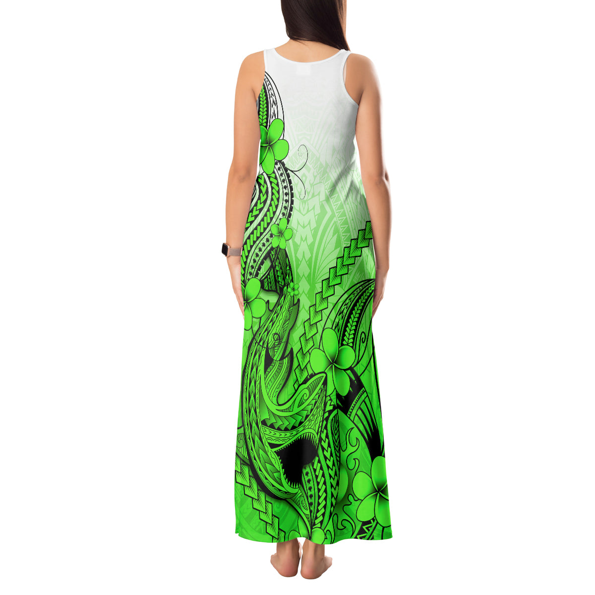 Hawaii Tank Maxi Dress Polynesian Shark Tattoo With Plumeria Green Gradient - Wonder Print Shop