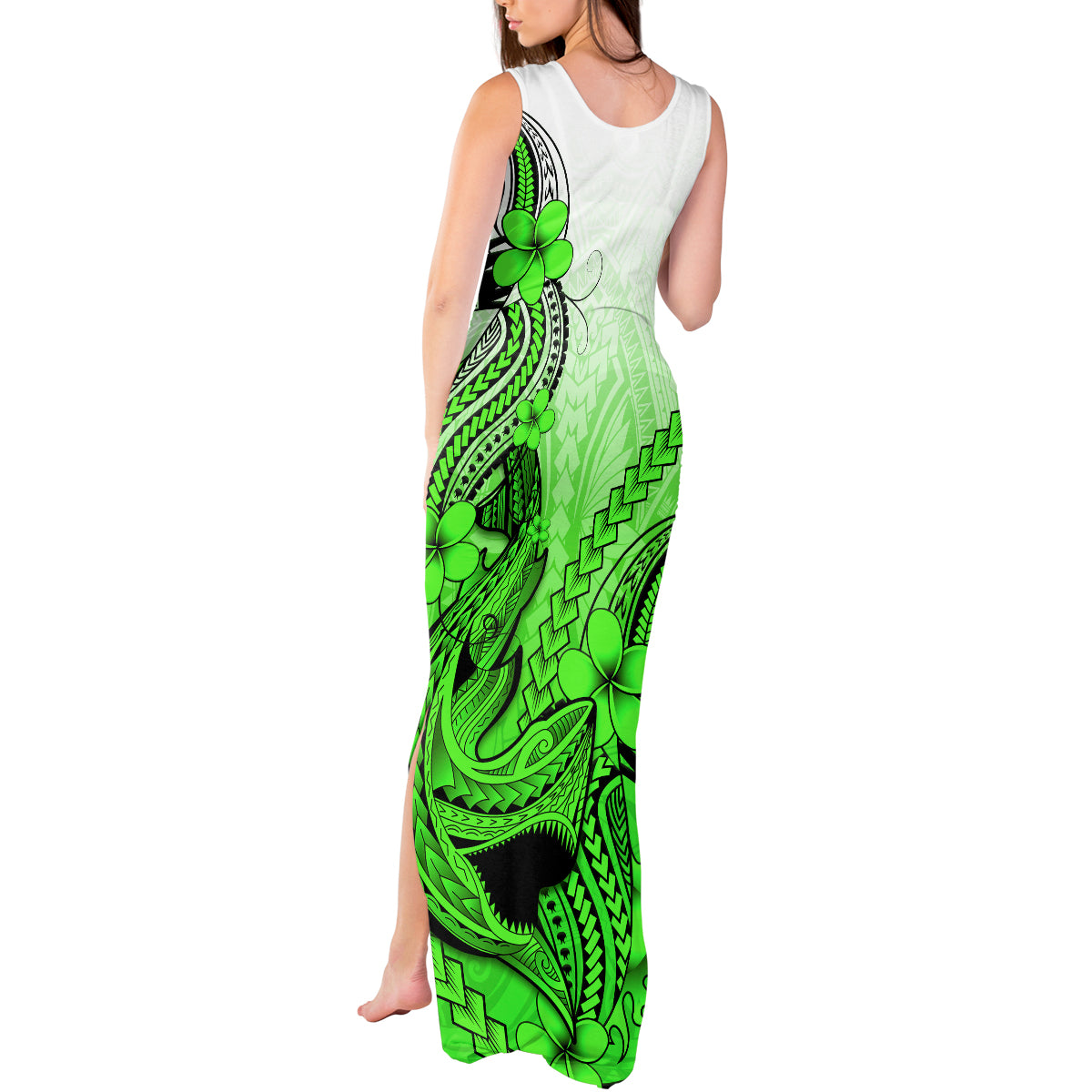 Hawaii Tank Maxi Dress Polynesian Shark Tattoo With Plumeria Green Gradient - Wonder Print Shop