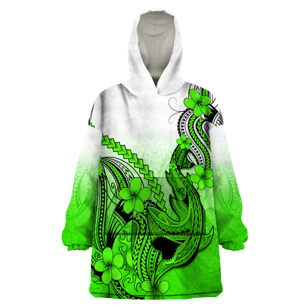 Hawaii Wearable Blanket Hoodie Polynesian Shark Tattoo With Plumeria Green Gradient - Wonder Print Shop