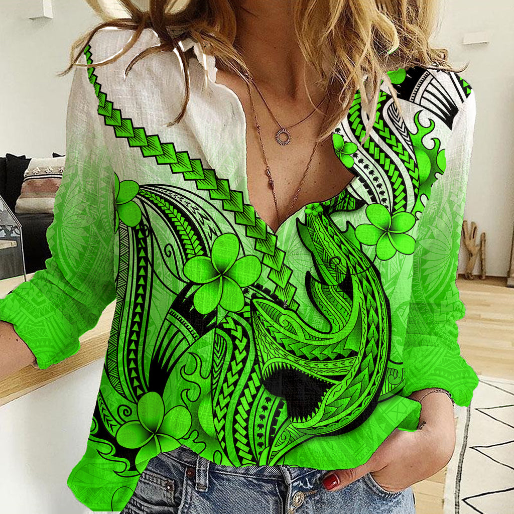 Hawaii Women Casual Shirt Polynesian Shark Tattoo With Plumeria Green Gradient - Wonder Print Shop