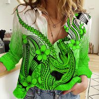 Hawaii Women Casual Shirt Polynesian Shark Tattoo With Plumeria Green Gradient - Wonder Print Shop