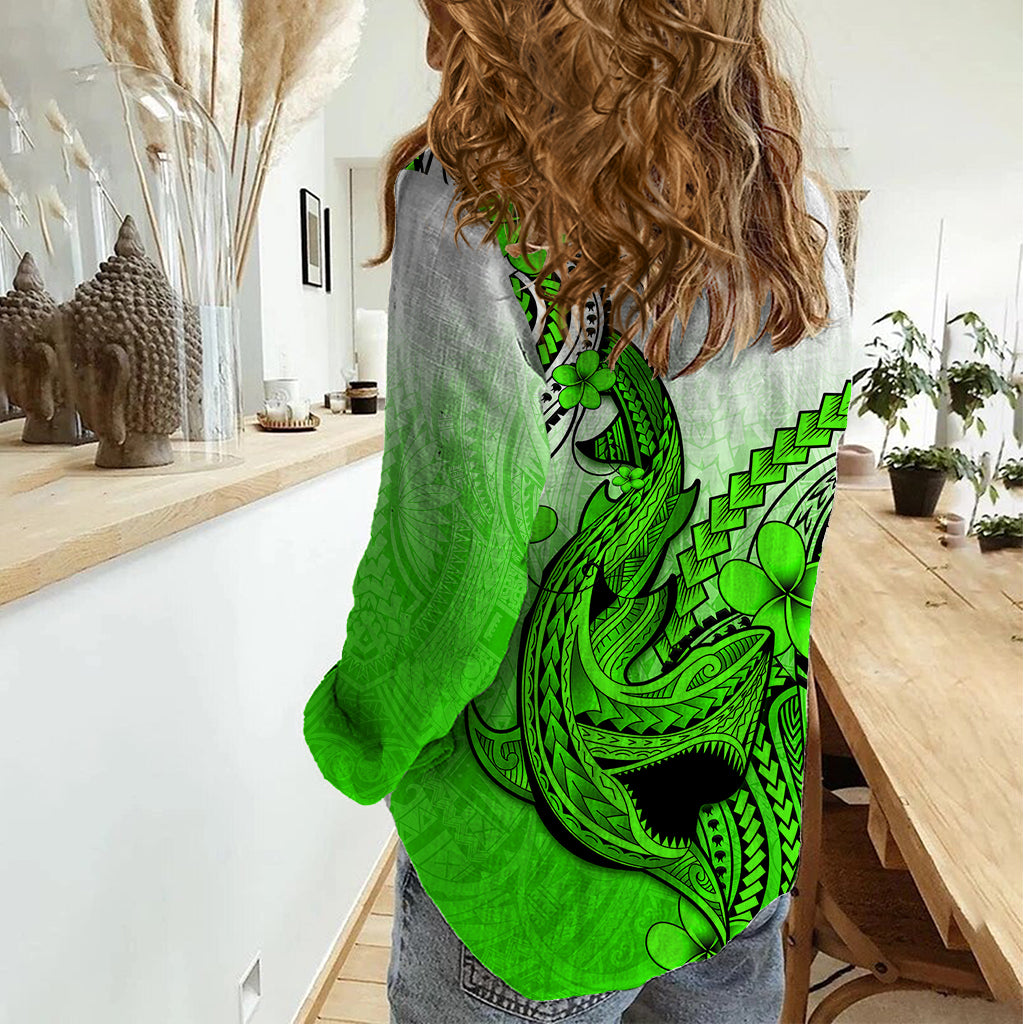 Hawaii Women Casual Shirt Polynesian Shark Tattoo With Plumeria Green Gradient - Wonder Print Shop