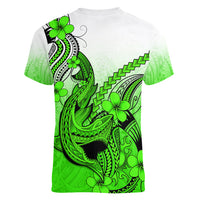 Hawaii Women V Neck T Shirt Polynesian Shark Tattoo With Plumeria Green Gradient - Wonder Print Shop