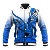 Hawaii Baseball Jacket Polynesian Shark Tattoo With Plumeria Blue Gradient - Wonder Print Shop