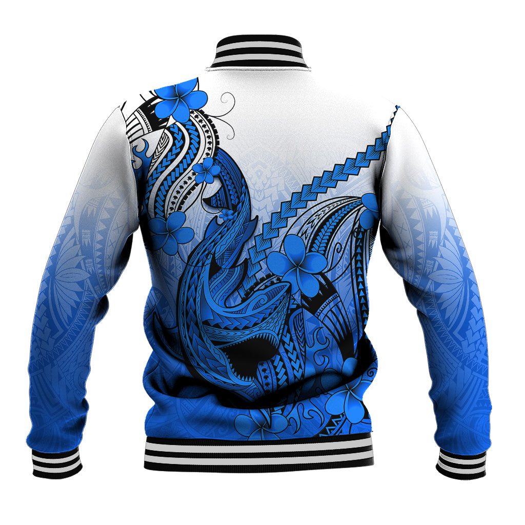 Hawaii Baseball Jacket Polynesian Shark Tattoo With Plumeria Blue Gradient - Wonder Print Shop