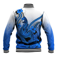Hawaii Baseball Jacket Polynesian Shark Tattoo With Plumeria Blue Gradient - Wonder Print Shop