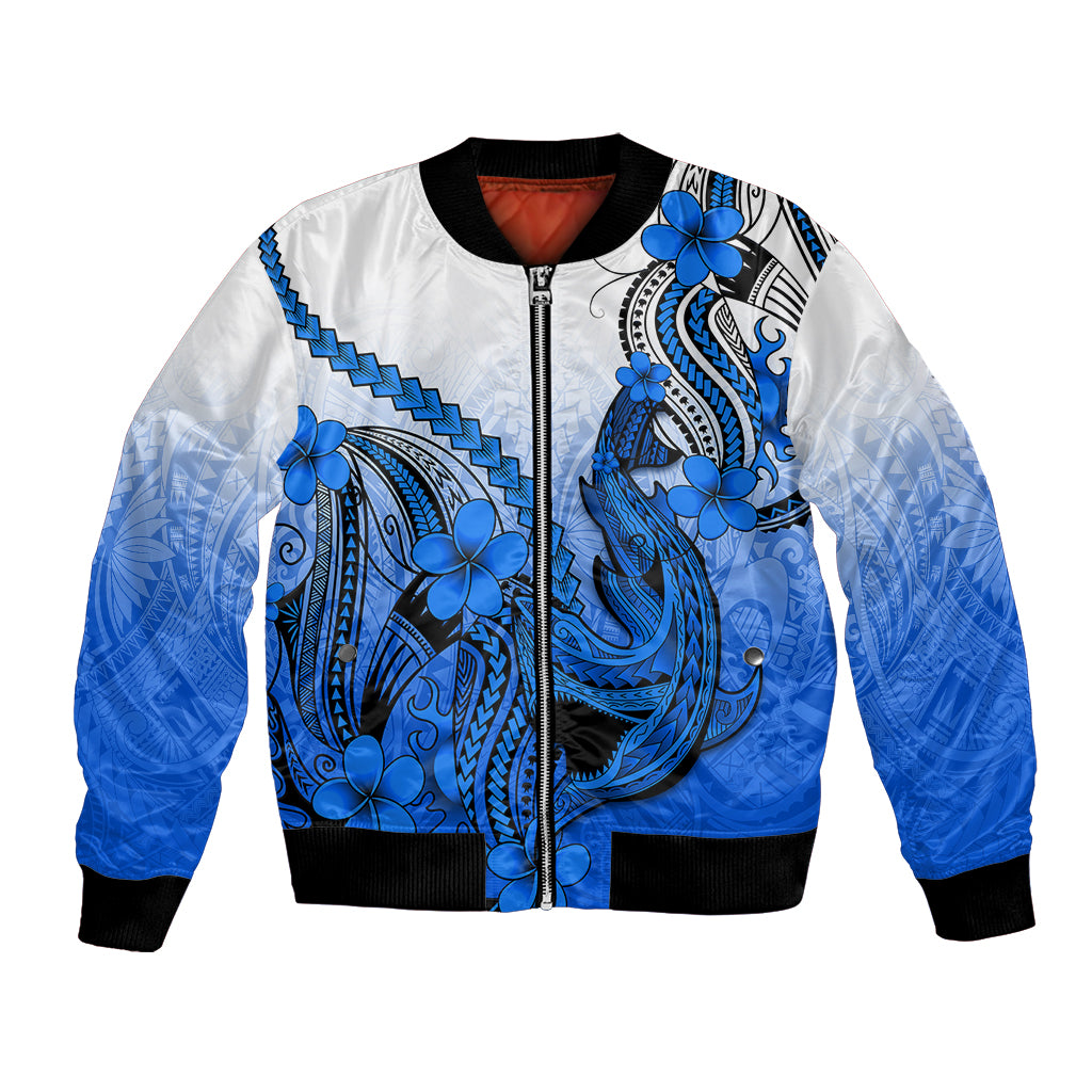 Hawaii Bomber Jacket Polynesian Shark Tattoo With Plumeria Blue Gradient - Wonder Print Shop