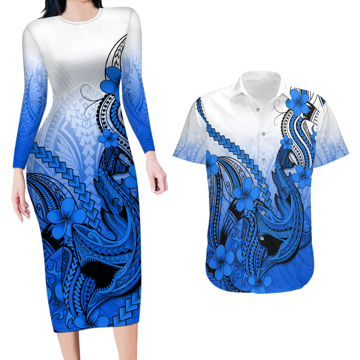 Hawaii Couples Matching Long Sleeve Bodycon Dress and Hawaiian Shirt Polynesian Shark Tattoo With Plumeria Blue Gradient - Wonder Print Shop