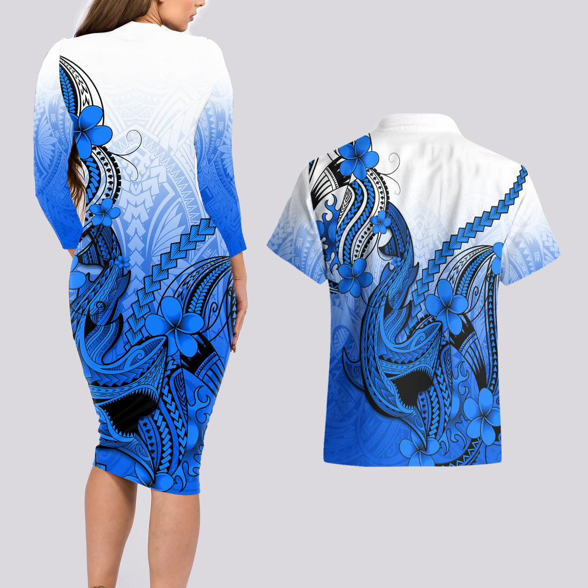 Hawaii Couples Matching Long Sleeve Bodycon Dress and Hawaiian Shirt Polynesian Shark Tattoo With Plumeria Blue Gradient - Wonder Print Shop
