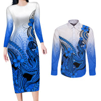 Hawaii Couples Matching Long Sleeve Bodycon Dress and Long Sleeve Button Shirts Polynesian Shark Tattoo With Plumeria Blue Gradient - Wonder Print Shop