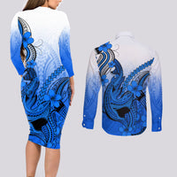 Hawaii Couples Matching Long Sleeve Bodycon Dress and Long Sleeve Button Shirts Polynesian Shark Tattoo With Plumeria Blue Gradient - Wonder Print Shop