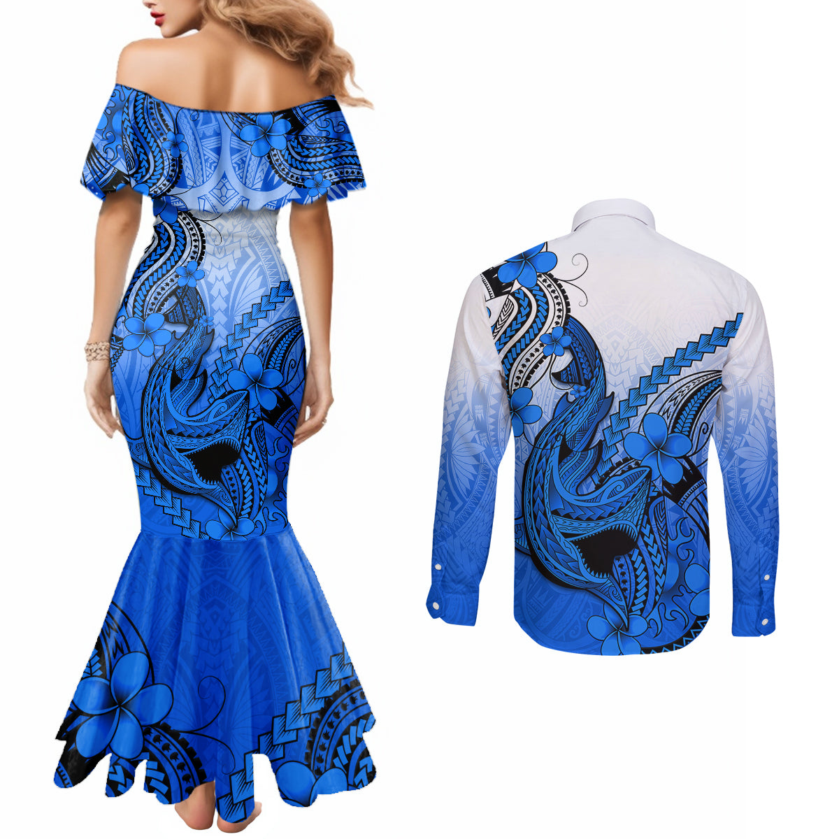 hawaii-couples-matching-mermaid-dress-and-long-sleeve-button-shirts-polynesian-shark-tattoo-with-plumeria-blue-gradient