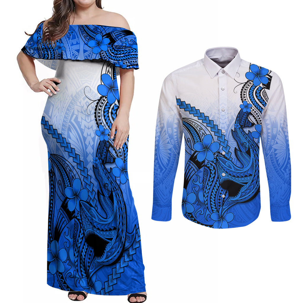 Hawaii Couples Matching Off Shoulder Maxi Dress and Long Sleeve Button Shirts Polynesian Shark Tattoo With Plumeria Blue Gradient - Wonder Print Shop