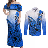 Hawaii Couples Matching Off Shoulder Maxi Dress and Long Sleeve Button Shirts Polynesian Shark Tattoo With Plumeria Blue Gradient - Wonder Print Shop