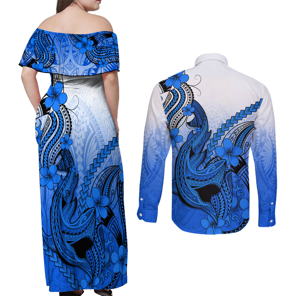 Hawaii Couples Matching Off Shoulder Maxi Dress and Long Sleeve Button Shirts Polynesian Shark Tattoo With Plumeria Blue Gradient - Wonder Print Shop