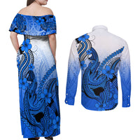 Hawaii Couples Matching Off Shoulder Maxi Dress and Long Sleeve Button Shirts Polynesian Shark Tattoo With Plumeria Blue Gradient - Wonder Print Shop