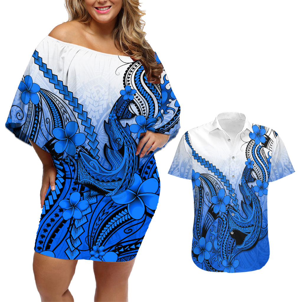 Hawaii Couples Matching Off Shoulder Short Dress and Hawaiian Shirt Polynesian Shark Tattoo With Plumeria Blue Gradient - Wonder Print Shop