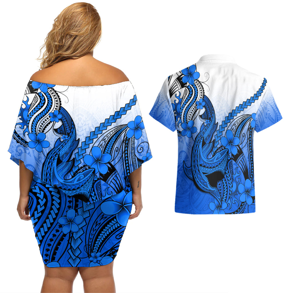Hawaii Couples Matching Off Shoulder Short Dress and Hawaiian Shirt Polynesian Shark Tattoo With Plumeria Blue Gradient - Wonder Print Shop