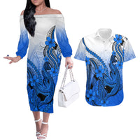 Hawaii Couples Matching Off The Shoulder Long Sleeve Dress and Hawaiian Shirt Polynesian Shark Tattoo With Plumeria Blue Gradient - Wonder Print Shop