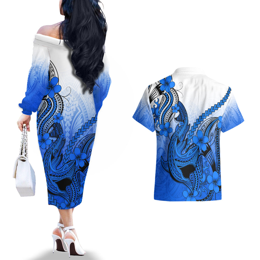 Hawaii Couples Matching Off The Shoulder Long Sleeve Dress and Hawaiian Shirt Polynesian Shark Tattoo With Plumeria Blue Gradient - Wonder Print Shop