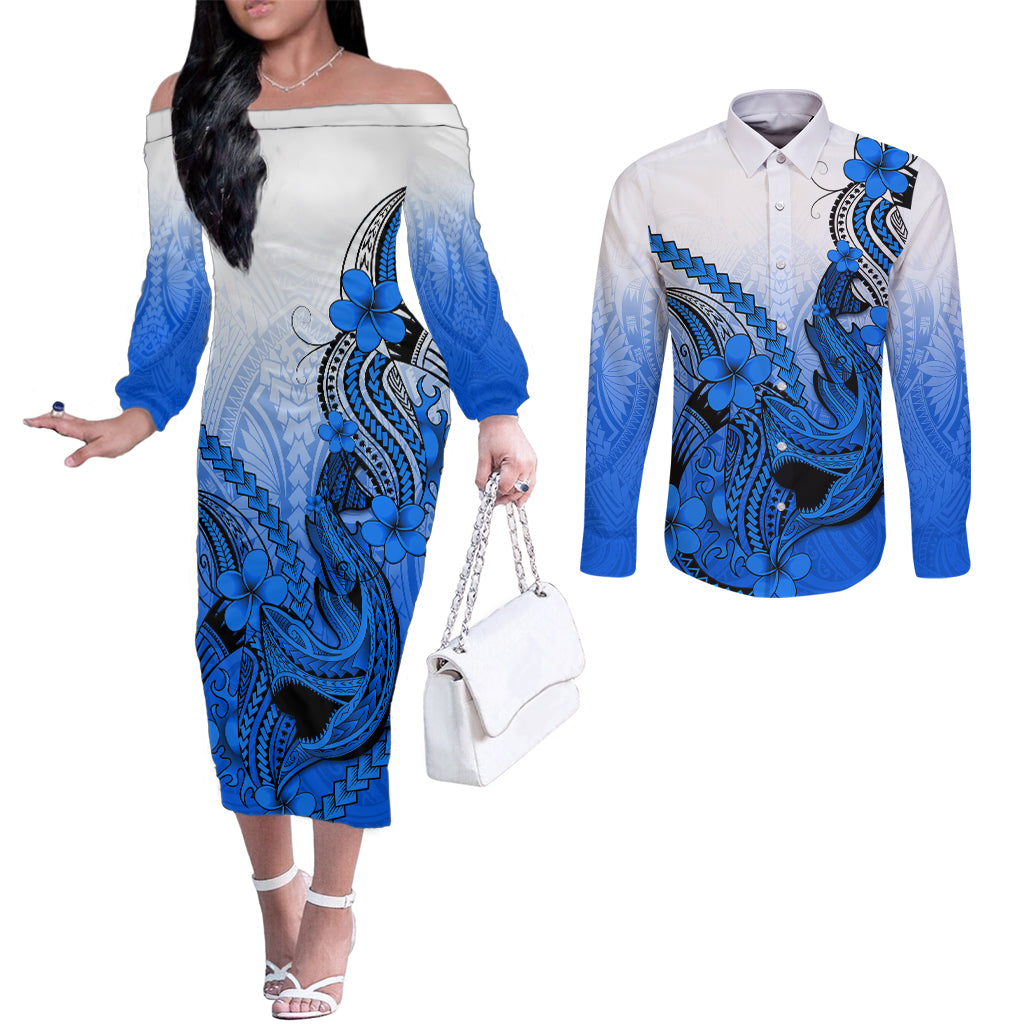 hawaii-couples-matching-off-the-shoulder-long-sleeve-dress-and-long-sleeve-button-shirts-polynesian-shark-tattoo-with-plumeria-blue-gradient