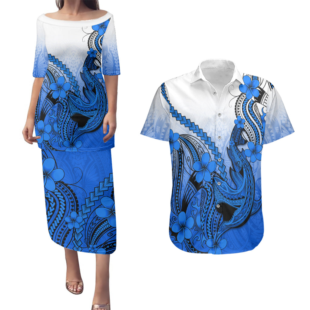Hawaii Couples Matching Puletasi Dress and Hawaiian Shirt Polynesian Shark Tattoo With Plumeria Blue Gradient - Wonder Print Shop