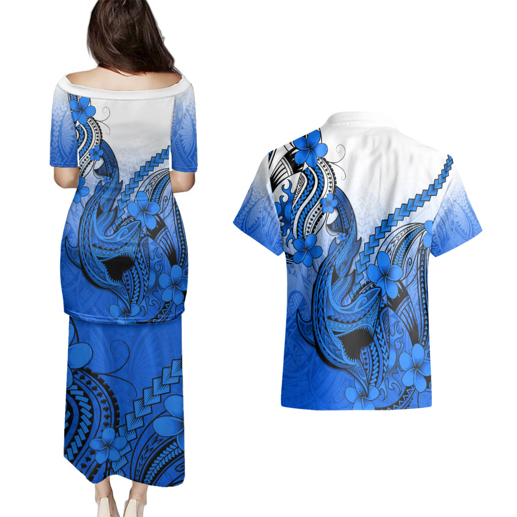 Hawaii Couples Matching Puletasi Dress and Hawaiian Shirt Polynesian Shark Tattoo With Plumeria Blue Gradient - Wonder Print Shop