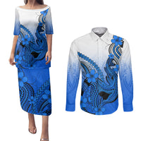 Hawaii Couples Matching Puletasi Dress and Long Sleeve Button Shirts Polynesian Shark Tattoo With Plumeria Blue Gradient - Wonder Print Shop