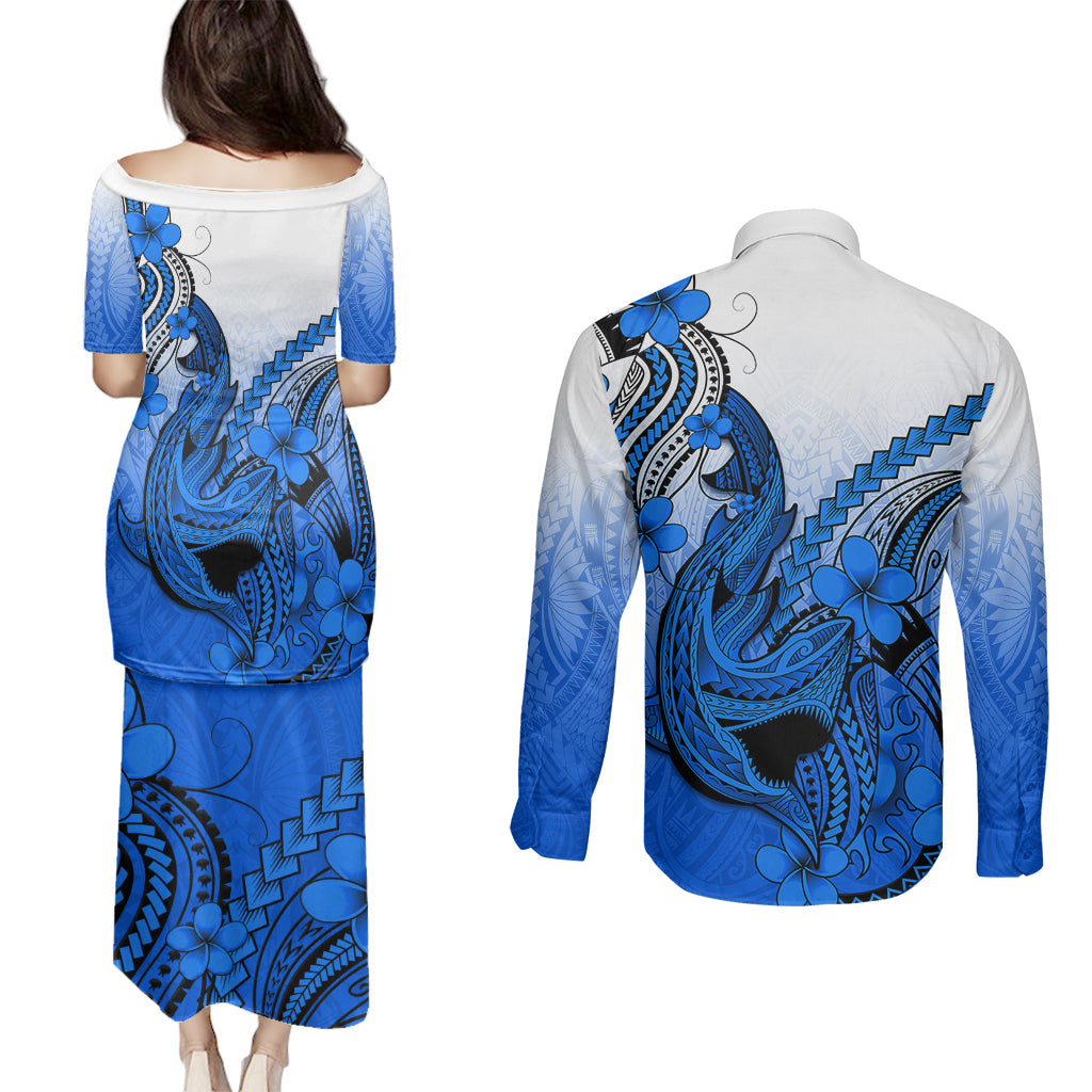 Hawaii Couples Matching Puletasi Dress and Long Sleeve Button Shirts Polynesian Shark Tattoo With Plumeria Blue Gradient - Wonder Print Shop