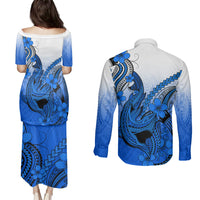 Hawaii Couples Matching Puletasi Dress and Long Sleeve Button Shirts Polynesian Shark Tattoo With Plumeria Blue Gradient - Wonder Print Shop