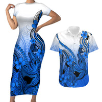 Hawaii Couples Matching Short Sleeve Bodycon Dress and Hawaiian Shirt Polynesian Shark Tattoo With Plumeria Blue Gradient - Wonder Print Shop