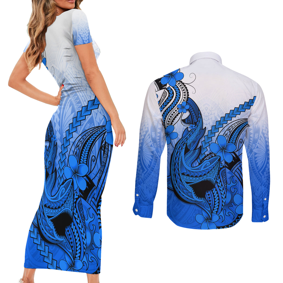 Hawaii Couples Matching Short Sleeve Bodycon Dress and Long Sleeve Button Shirts Polynesian Shark Tattoo With Plumeria Blue Gradient - Wonder Print Shop