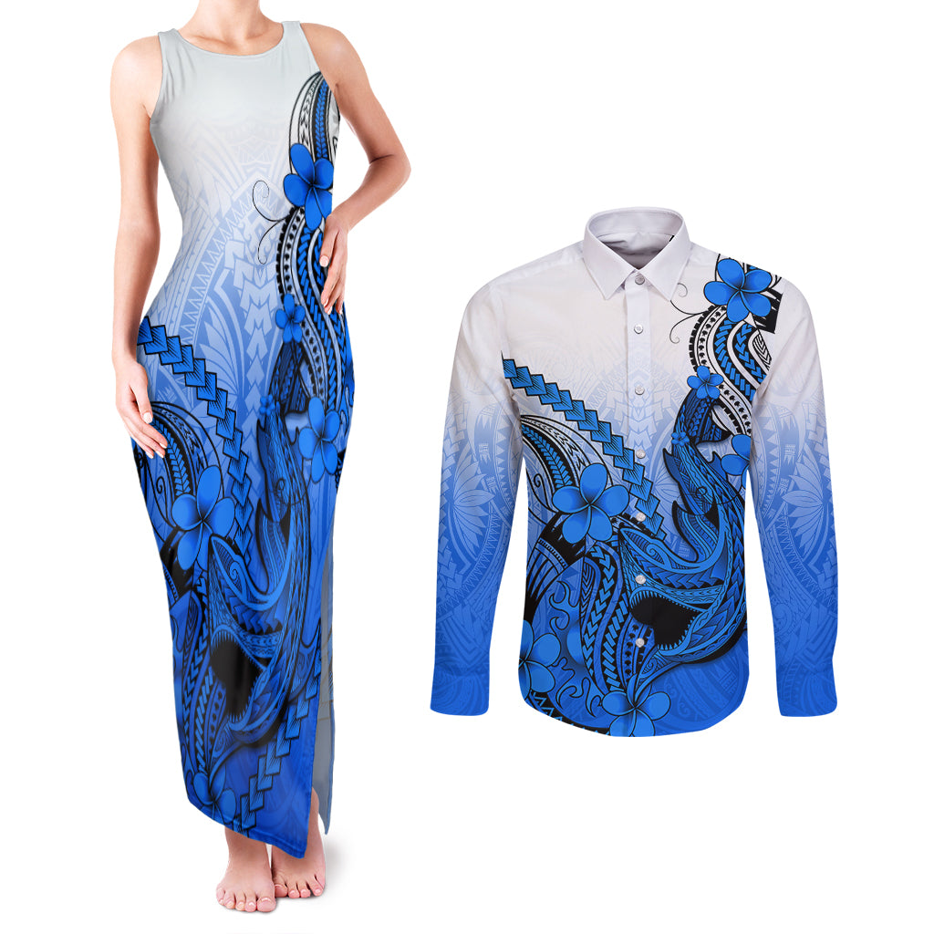 Hawaii Couples Matching Tank Maxi Dress and Long Sleeve Button Shirts Polynesian Shark Tattoo With Plumeria Blue Gradient - Wonder Print Shop